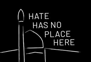 sketch of mosque with words 'hate has no place here'