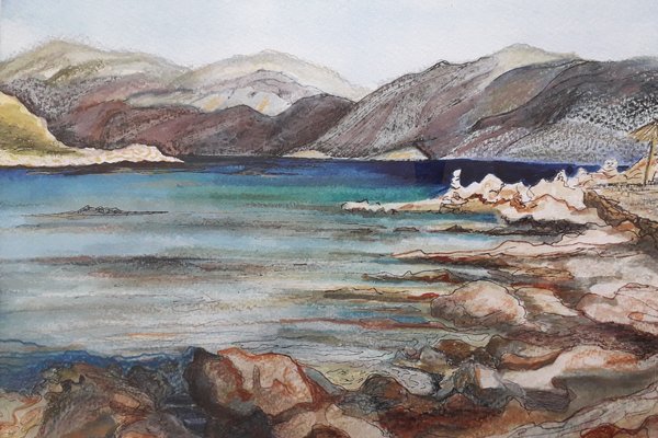 Painting of coastal scene with mountains, which will be on display at the Reading quakers heritage exhibition